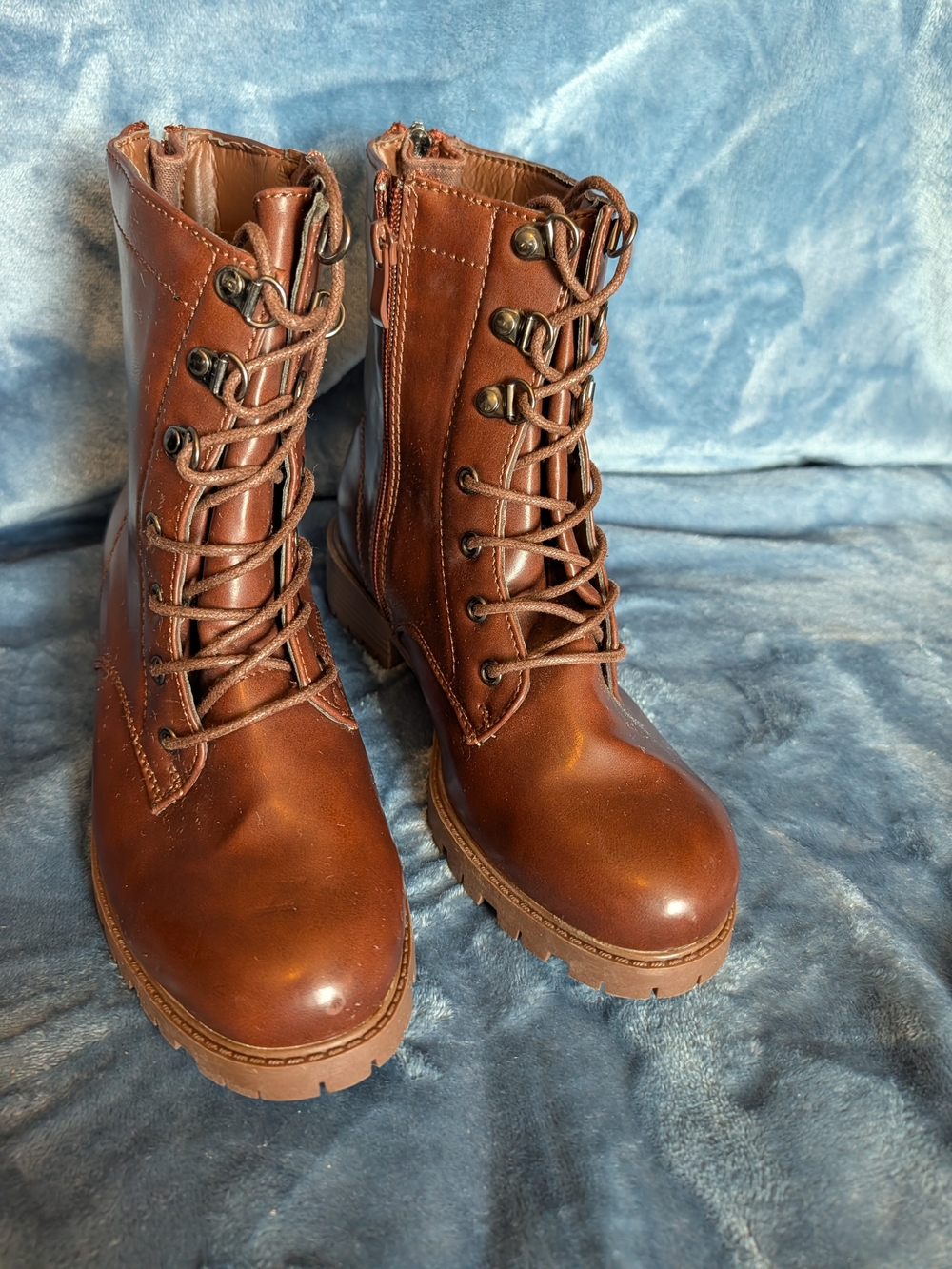 Women's Brown Lace-Up Combat Boots with Side Zip